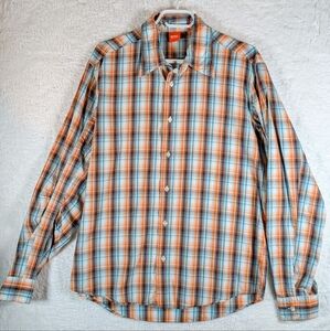 263-Hugo Boss Casual Plaid Shirt in Orange‎ and Blue